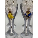 4 Piece Beauty and The Beast Wedding Cake Knife and Server Set with Champagne Toasting Glass Flutes Flower Design
